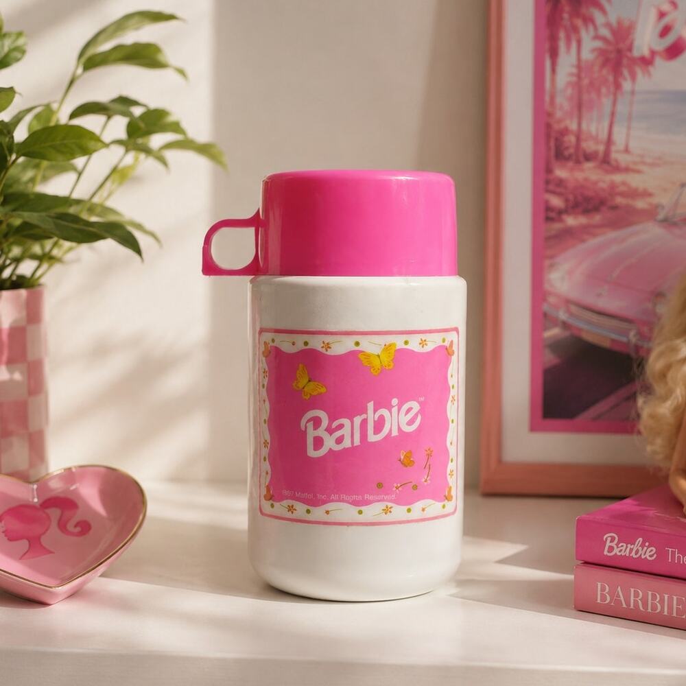 Vintage 1997 Barbie Thermos | Pink Mattell Kids Lunchbox Collectible 90s
